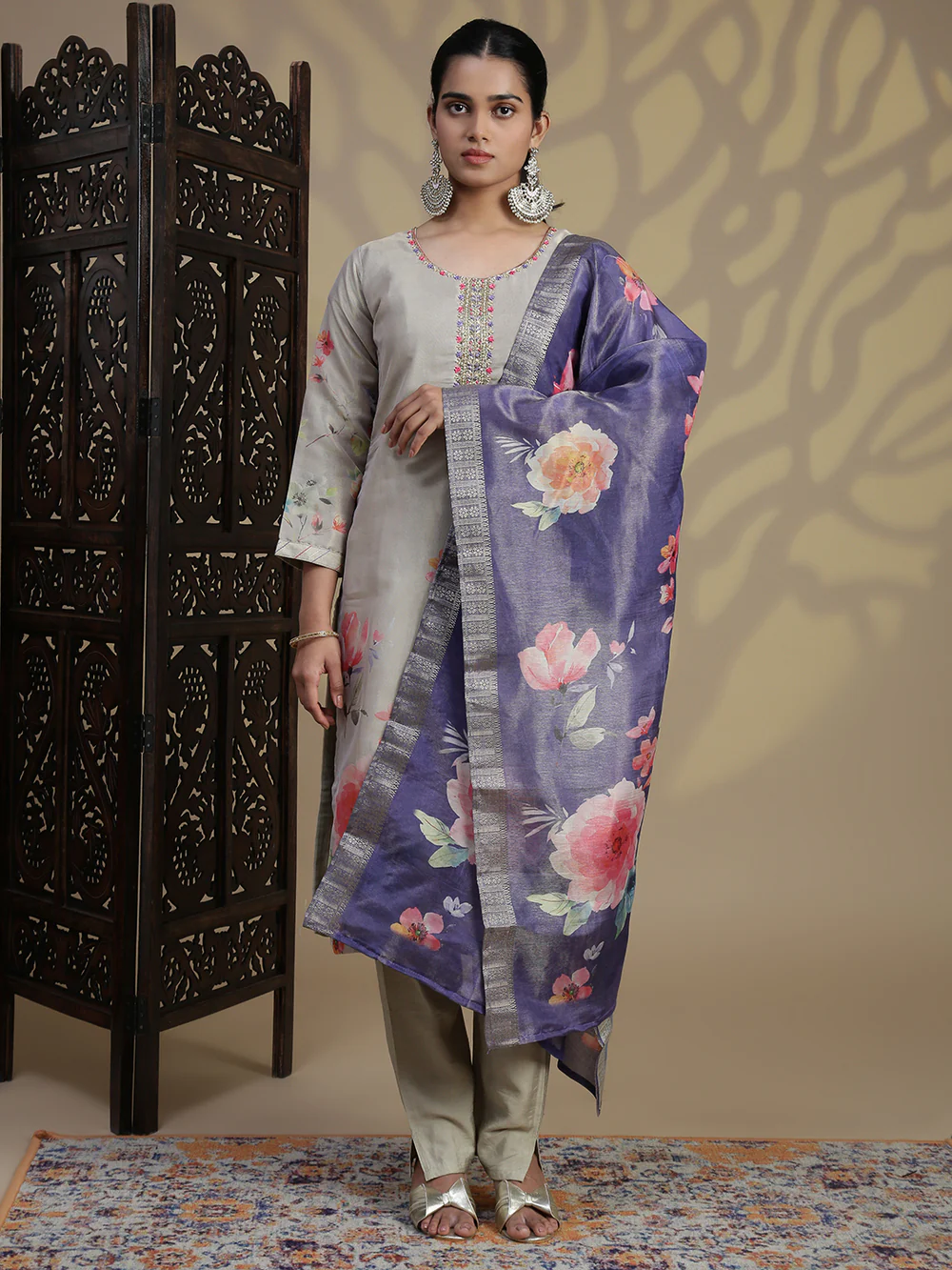Beige Grey Silk Kurti
