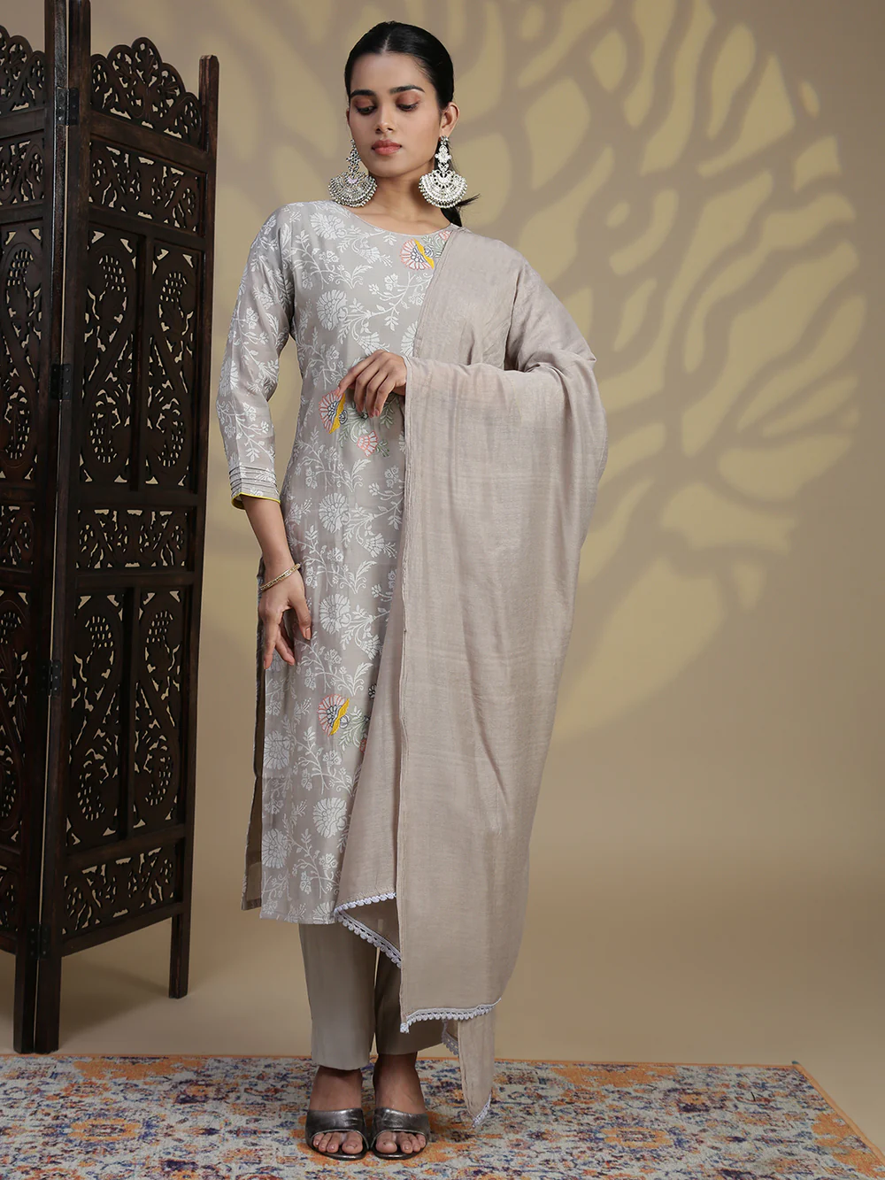 Grey Silk Embroidered Kurti